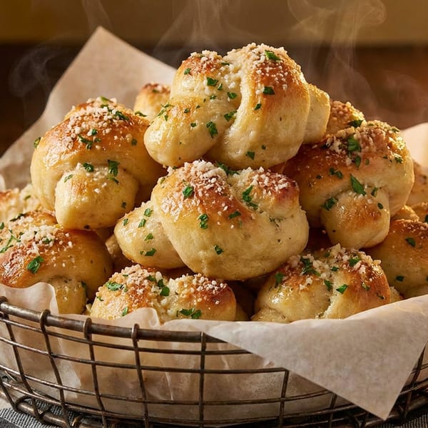 Steaming hot garlic knots, topped with parmesan and parsley, in a wire basket lined with parchment paper.