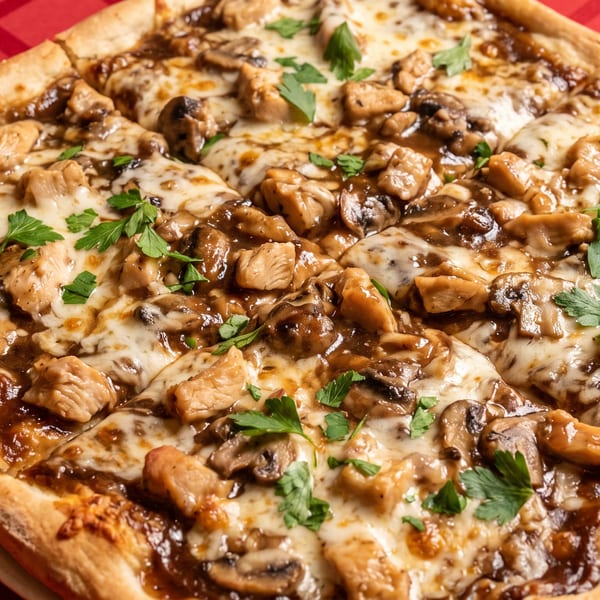 Close-up of a square pizza with chicken, mushrooms, melted cheese, and parsley on a red tablecloth.