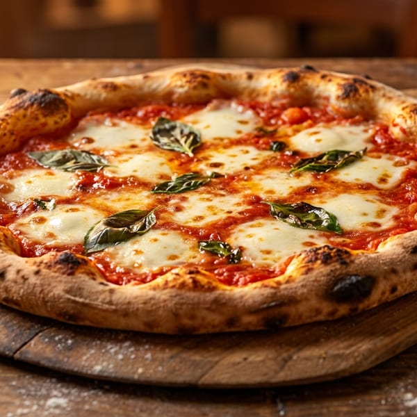 A Neapolitan Margherita pizza with fresh basil and mozzarella on a wooden peel.