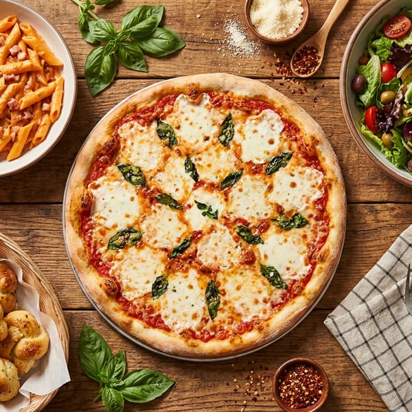 A full Italian meal with pizza, pasta, salad, and garlic knots on a rustic wooden table.