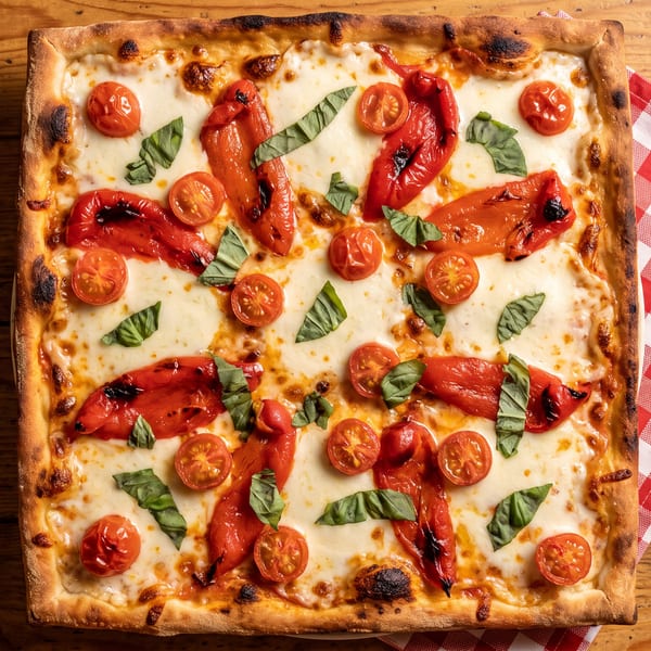 Square pizza with melted cheese, roasted red peppers, cherry tomatoes, and basil on a wooden table.