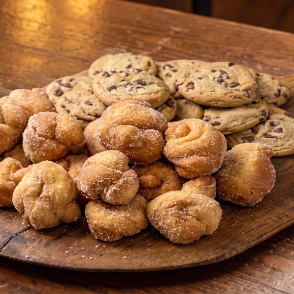 A wooden paddle holds a pile of sugar-dusted fried dough knots and chocolate chip cookies.