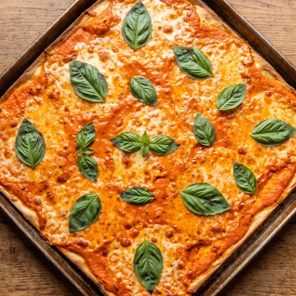 Square pizza with melted cheese, red sauce, and fresh basil leaves on a wooden table.