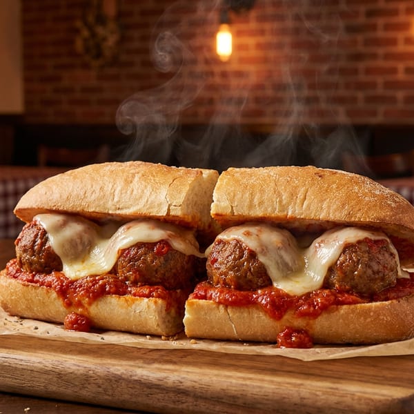 Steaming hot meatball sub sandwiches with melted cheese and marinara sauce on a wooden board.