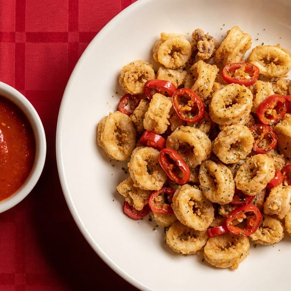 Crispy fried calamari with red chili slices and a side of marinara sauce on a red tablecloth.