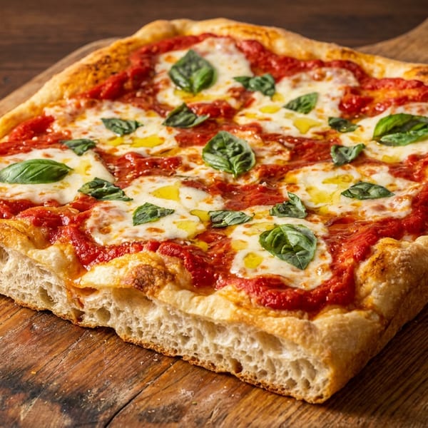 Square Margherita pizza with thick crust, fresh basil, mozzarella, and tomato sauce on a wooden board.